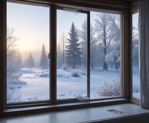 Snowy winter wonderland outside window frosty morning peaceful serene, frost, snowy