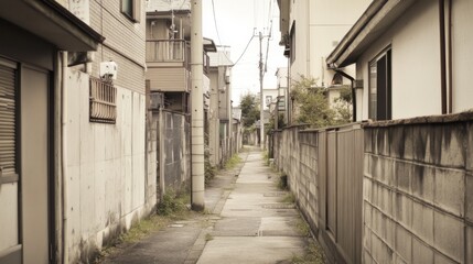 Narrow residential alleyway between houses.