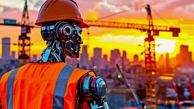 Android robot builder working at a futuristic construction site with advanced tools and materials new beautiful stock video footage animation AI