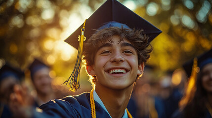 joyful graduate in cap and gown smiles brightly at graduation ceremony