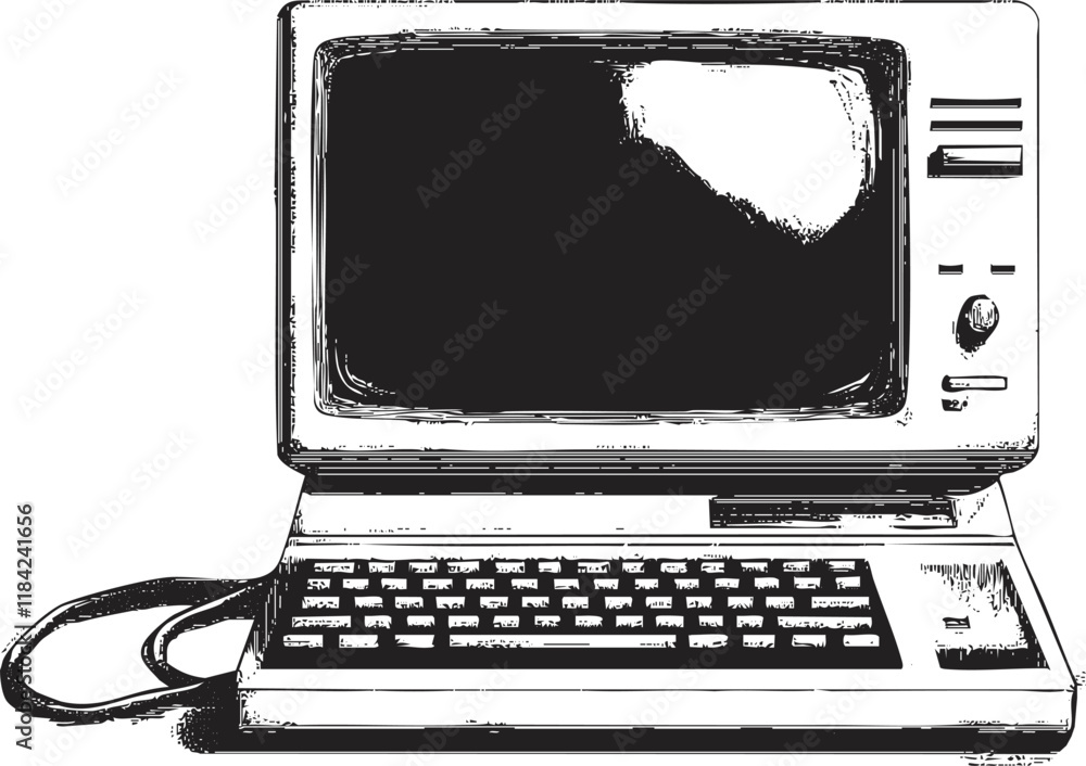 Poster illustration of a vintage computer with keyboard and monitor.