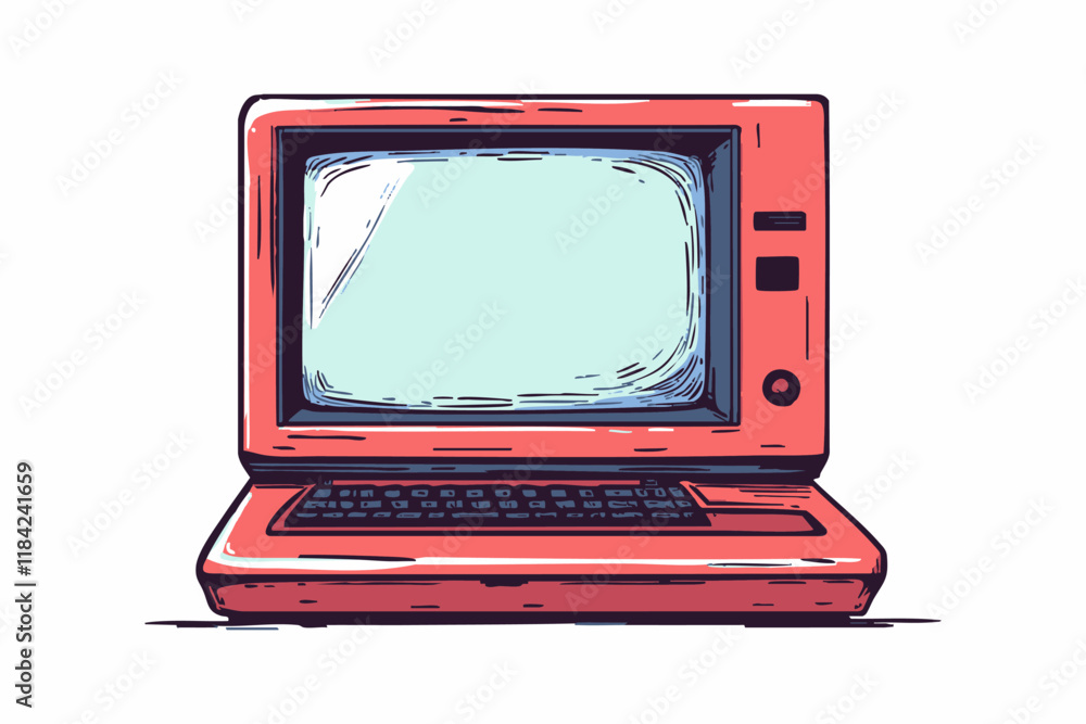 Poster illustration of a retro vintage computer with keyboard and screen.