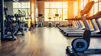 Fototapeta premium A modern interior gym room or fitness center provides a sleek and inviting backdrop for exercise and physical activity, with its clean lines, state-of-the-art equipment, and vibrant atmosphere