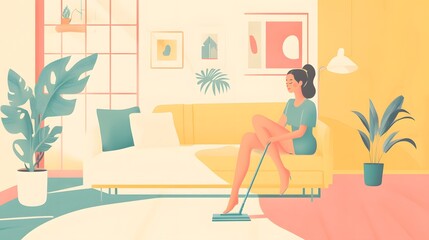 A flat vector illustration of an attractive woman mopping the floor in her living room, simple design