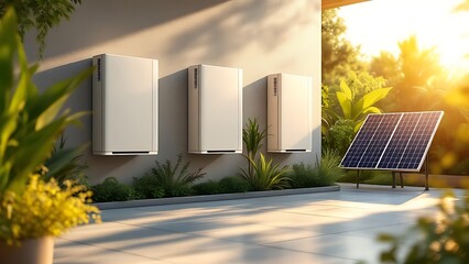 Concept of a home battery packs alternative electric energy storage system at modern home garage wall as backup or sustainable energy concepts.