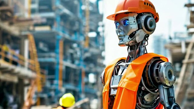 Android robot builder working at a futuristic construction site with advanced tools and materials new beautiful stock video footage animation AI