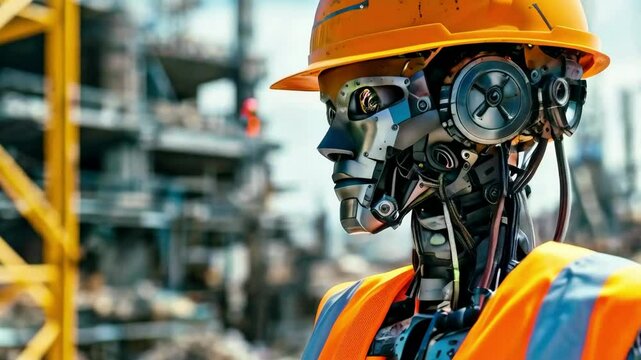 Android robot builder working at a futuristic construction site with advanced tools and materials new beautiful stock video footage animation AI