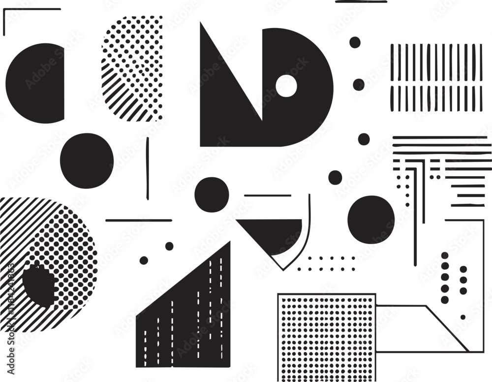 Poster Abstract geometric black and white shapes creating a minimalist design pattern.