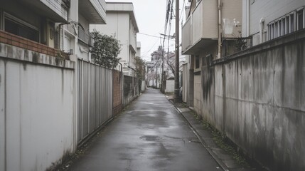 Narrow, residential alleyway in a city, showing buildings, fences, and wet pavement.