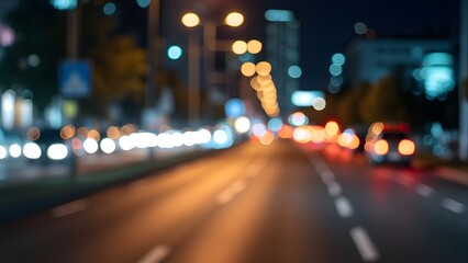 Abstract Urban Night Scene, Silver Blurred Background with Light Trails and City Lights