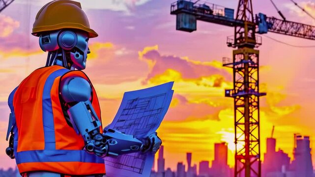 Android robot builder working at a futuristic construction site with advanced tools and materials new beautiful stock video footage animation AI