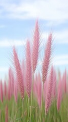 Pink Wheat Plants Swaying in a Windy Field Under Blue Sky Capturing Nature's Beauty and Tranquility in a Vibrant Summer Landscape