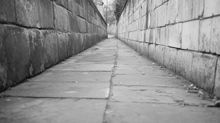 Narrow stone alleyway between high brick walls.