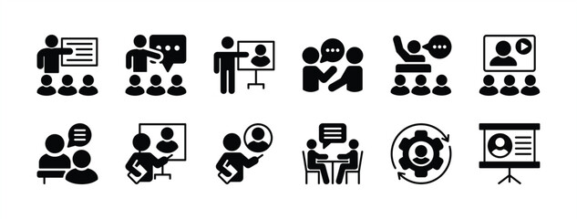 Business training and workshop excellent icon set. Containing teaching, education, coaching, discussion, learning, communication, presentation, lecture, meeting, teamwork, briefing vector illustration