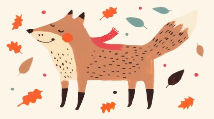 FOX watercolor concept. Playful Fox Surrounded by Warm Autumn Leaves in Digital