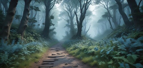 Fototapeta premium Blue misty forest path with dense foliage and overgrown vegetation, nature's solitude, wilderness