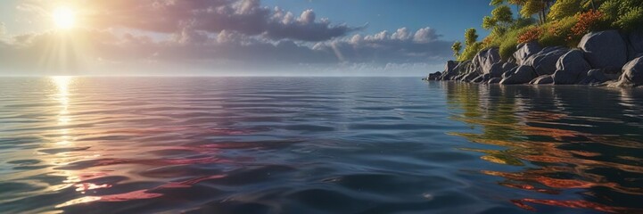 Obraz premium Dazzling rainbow colors reflected in a still body of water, serene lake, glowing pool, tranquil scene