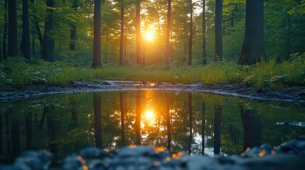 Golden sunset paints the forest, reflected in tranquil waters. Serene nature scene.
