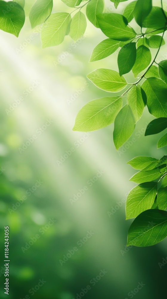Poster sun rays shining through tree leaves with soft green background in vertical composition for nature a