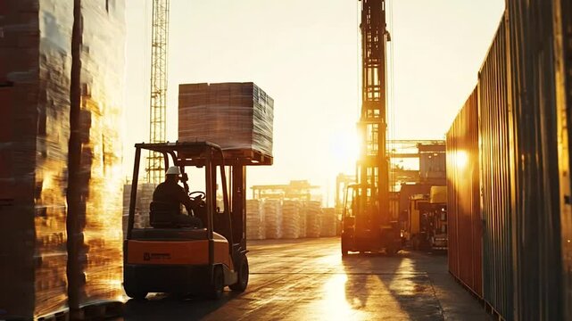 A dynamic scene of a forklift operator transporting goods in a bustling shipping yard at sunset. The golden light highlights the industrial containers and creates a dramatic and productive atmosphere.