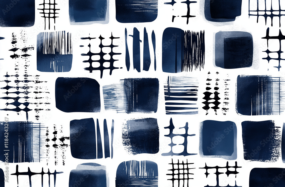 Poster minimalist watercolor block print line art – white and indigo geometric patterned grid design for mo