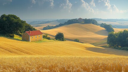 Serene rural landscape: Golden wheat field, charming house, distant building under a sunny sky.