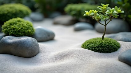 Serene Navy Blue Zen Garden, Tranquil Miniature Landscape with Raked Sand, Smooth Stones, and Lush Greenery