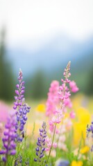 Obraz premium Vibrant Wildflowers Blooming in Sunlit Meadow with Pink, Purple, and Yellow Petals against a Soft-Focused Natural Landscape, Emphasizing Bright Spring and Summer Colors Under a Clear Sky