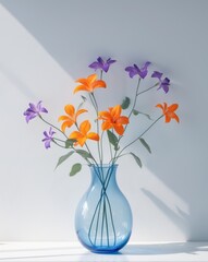 there is a blue vase with orange and purple flowers in it.