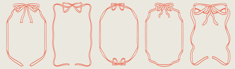 Whimsical ribbon frames with bows. Hand Drawn borders for wedding invitation, holiday greetings, birthday card, menu design and other decorations. Line art in doodle coquette ink drawing style.