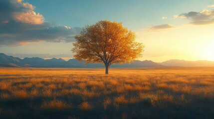 Obraz premium Solitary tree in golden prairie at sunset; serene landscape.