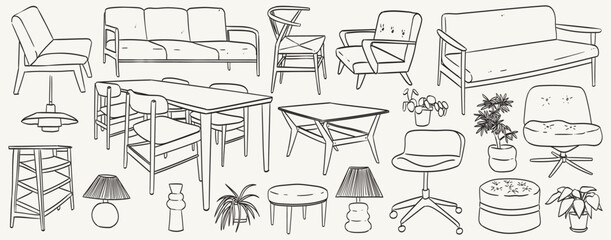 Set of outline interior design objects. Line armchair, couch, flower pot, lamp, table with different chairs. Sketch drawings of modern furniture in scandinavian minimalist wooden style. Vector graphic