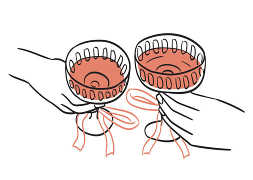 Cheers or drinking toast drawing. Glasses with martini in hands. Birthday party or bachelorette celebration with friends. Wine, champagne, prosecco, sangria cocktail vector cartoon illustration.