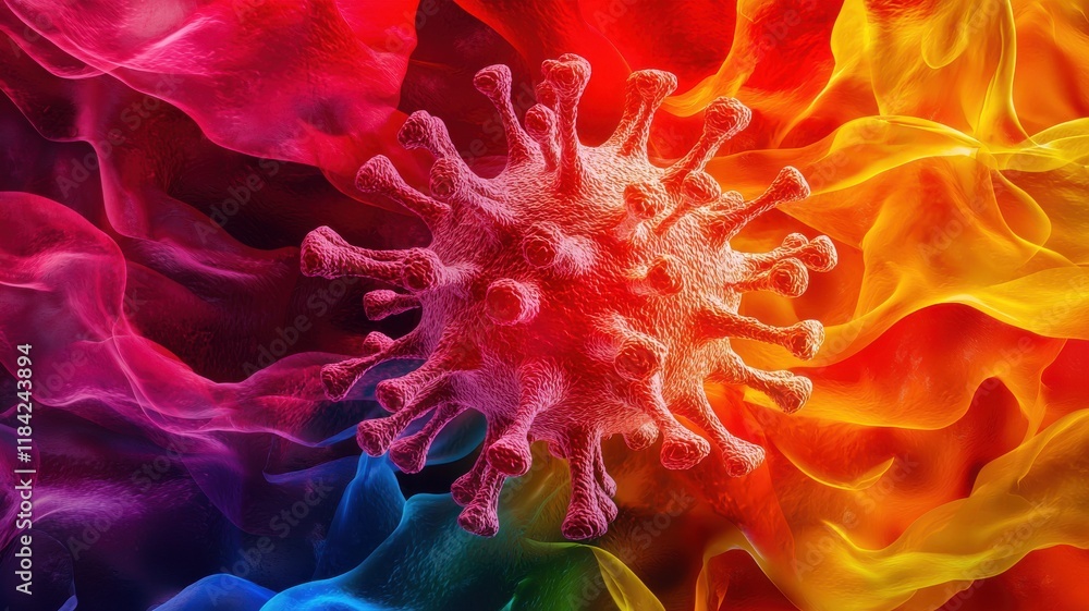 Poster a vibrant, abstract representation of a virus surrounded by colorful waves, illustrating the interse