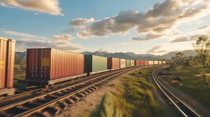 Fototapeta premium Freight train transporting cargo through scenic landscape mountain area digital art sunrise viewpoint industrial concept