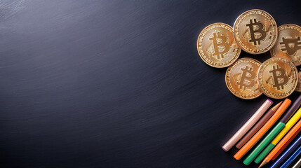 Bitcoin coins on blackboard with colorful markers, symbolizing digital currency and creativity. contrast highlights innovative nature of cryptocurrency