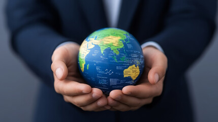 business professional holding globe, symbolizing global connectivity and responsibility. image conveys sense of leadership and awareness of world