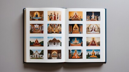 An open book with pages showing illustrations of various religious practices, temples, and places of worship, highlighting the diversity of belief systems.