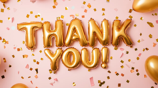 Golden balloons spell out thank you on a pink background with confetti and party decorations spreading joy and gratitude.