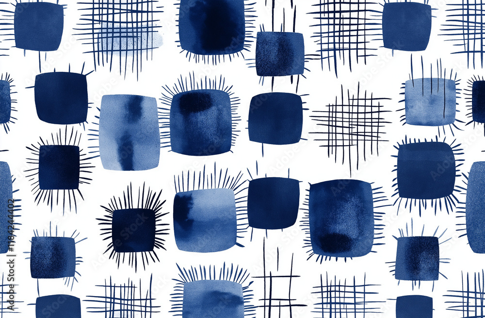 Poster minimalist watercolor block print line art – white and indigo geometric patterned grid design for mo