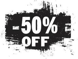 Grunge style 50 percent off discount banner for retail promotions.