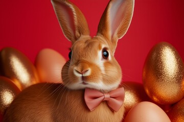 Obraz premium easter day lop eared Easter bunny in dark muted mocha brown color wearing a bow surrounded with rose gold and muted mocha brown Easter eggs