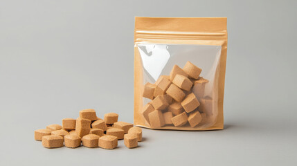 Natural brown sugar cubes in transparent bag, scattered on gray surface, showcasing their texture and color. Ideal for culinary use or as sweetener