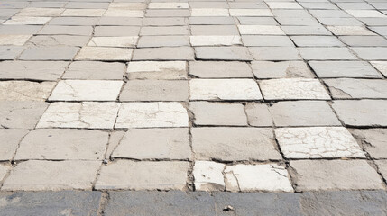 Fototapeta premium Old, cracked pavement with peeling paint and uneven tiles creates rustic urban feel. This textured surface showcases passage of time and wear