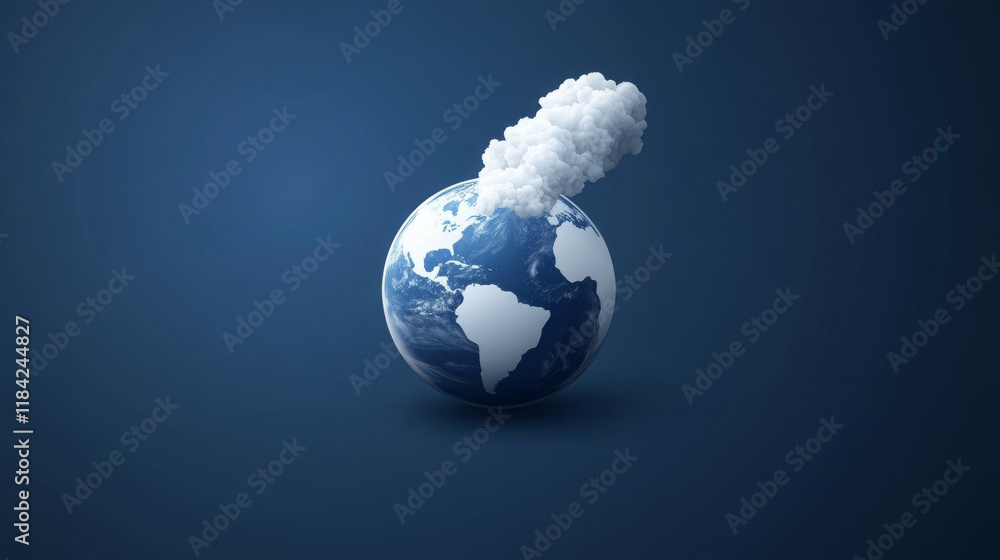 Poster clean and simple design of earth with cloud above, symbolizing environmental themes and global aware