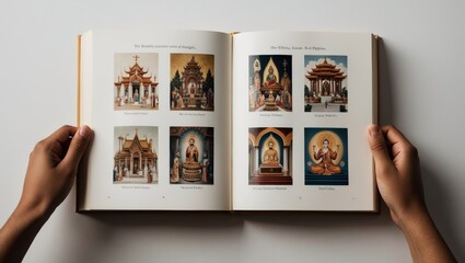 An open book with pages showing illustrations of various religious practices, temples, and places of worship, highlighting the diversity of belief systems.