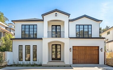 A modern house with large windows, white walls, and wooden accents, featuring an elegant garage door on the right side of the image