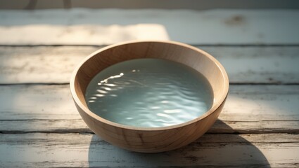 Wooden bowl filled with water sits on a wooden surface