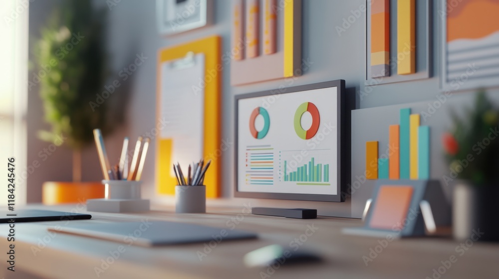Aufkleber modern minimalist home office workspace with colorful charts and graphics on computer screen