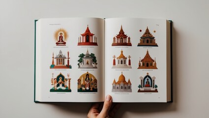 An open book with pages showing illustrations of various religious practices, temples, and places of worship, highlighting the diversity of belief systems.